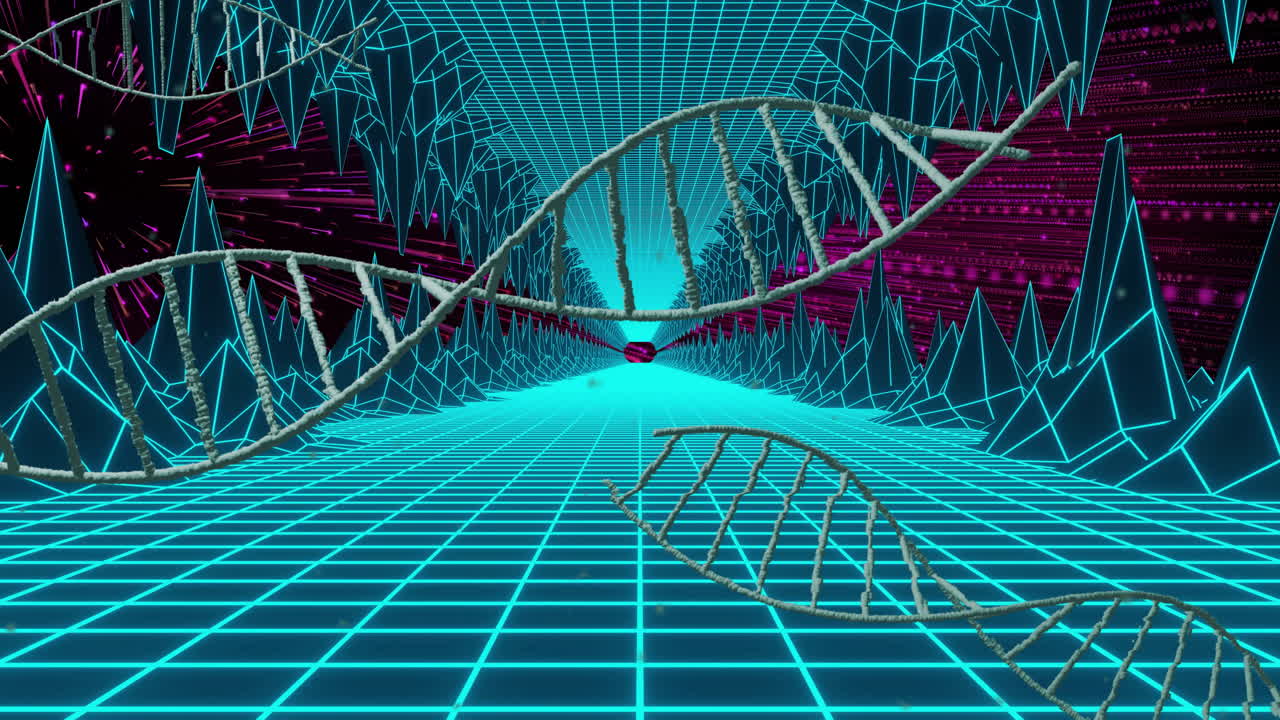 DNA strands floating in animation of digital grid with neon colors