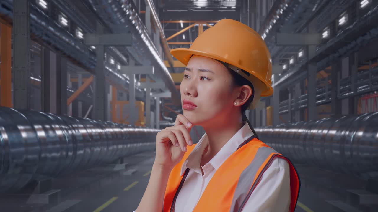 Close Up Side View Of Asian Female Engineer With Safety Helmet Thinking And Looking Around Then Raising Her Index Finger While Standing With Metal Pipes