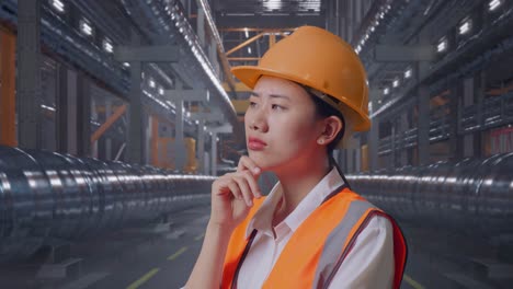 close up side view of asian female engineer with safety helmet thinking and looking around then raising her index finger while standing with metal pipes