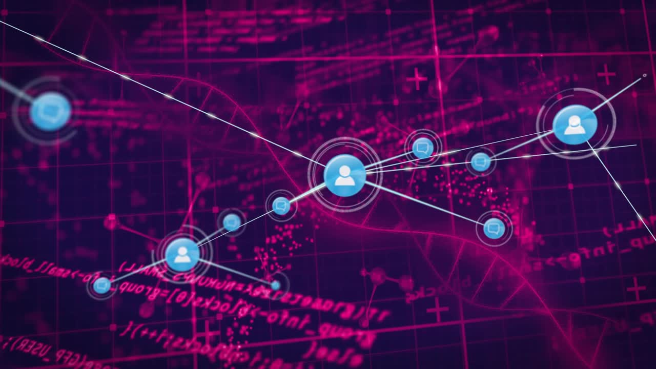 Pulsing ring starting core node changing, sending lines and creating icons, showing magenta grid