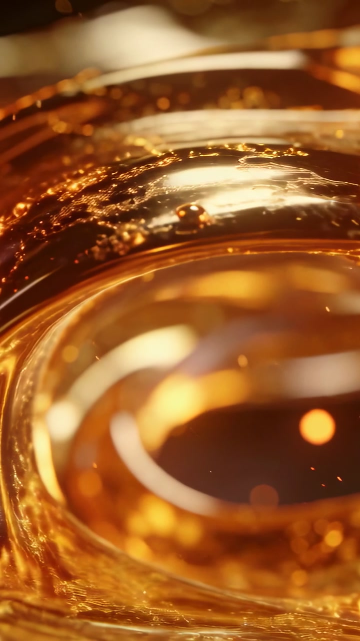 Vertical video: Rippling amber liquid forming ring vortex in macro, showing bubbles and highlights