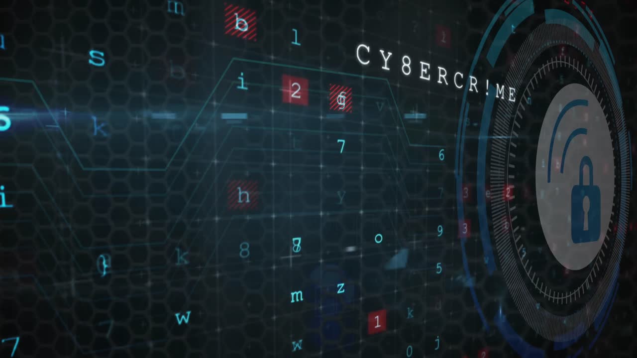 animación del icono de candado de seguridad sobre escáner redondo contra el procesamiento de datos de seguridad cibernética