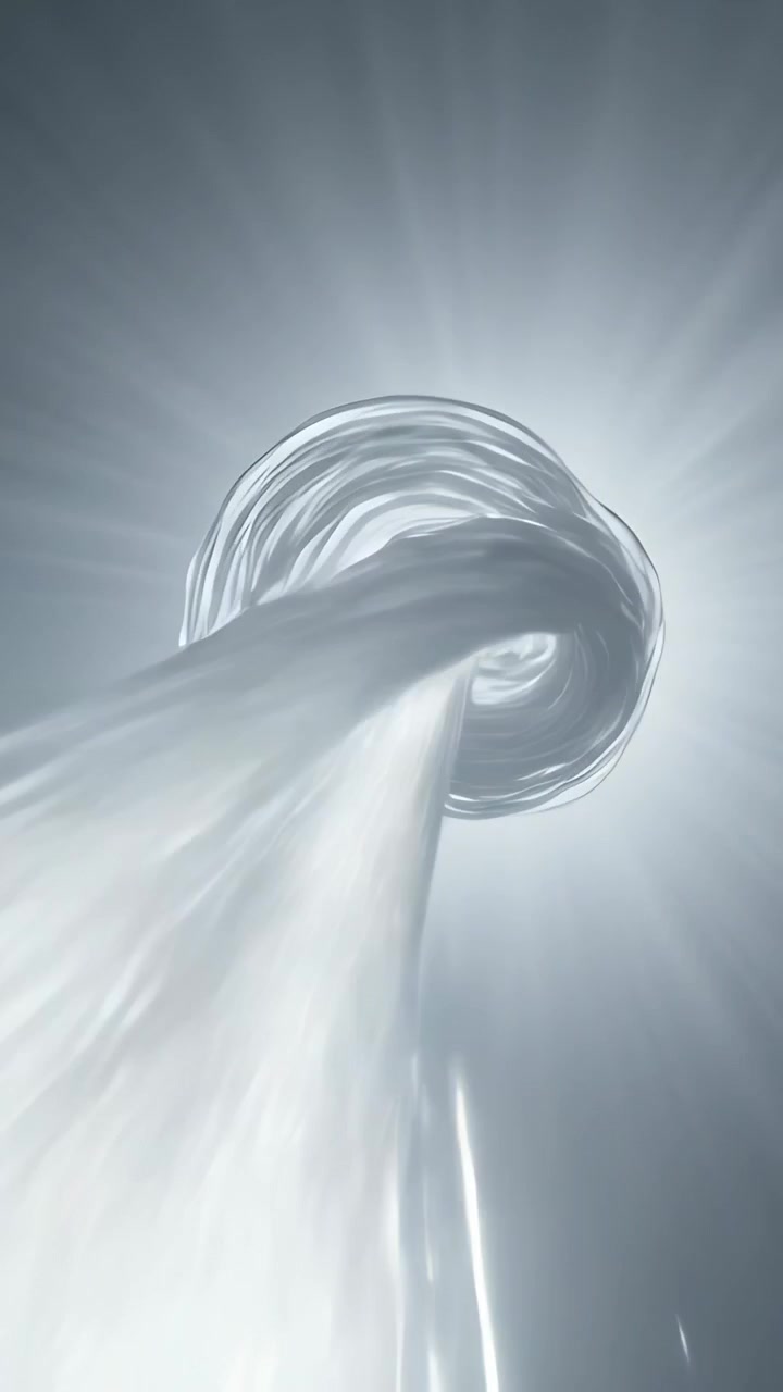 Vertical video: Swirling silver liquid making ring low-angle, backlight causing ribbon cascade