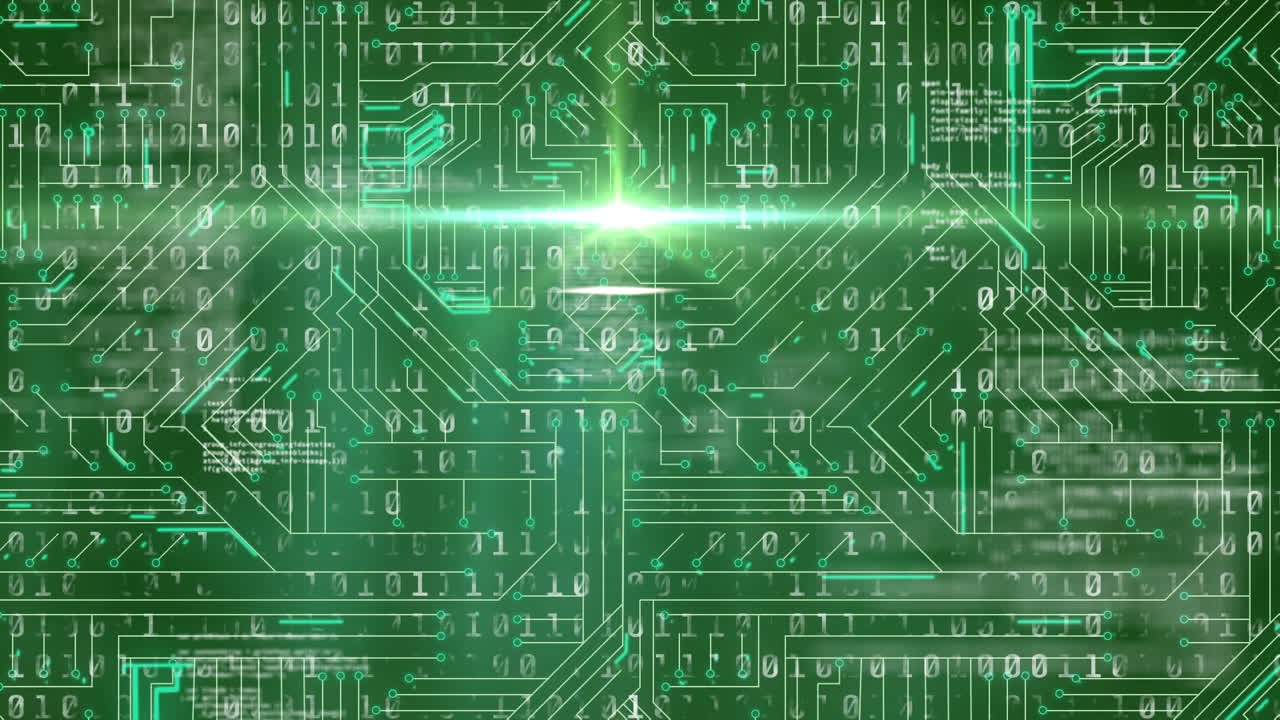 초록색 회로판에서 움직이는 빛의 흔적의 애니메이션