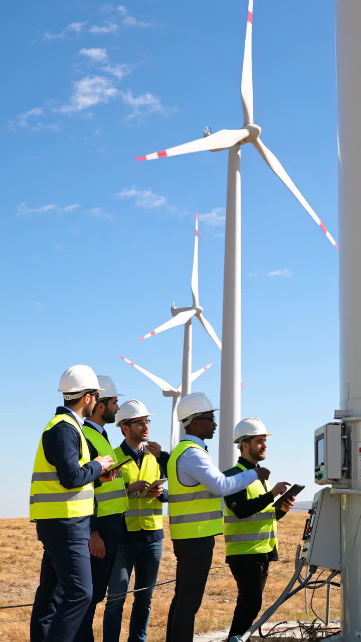Engineers inspecting wind turbines at a wind farm