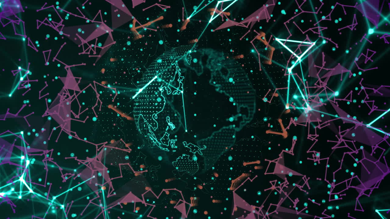 Globe dengan koneksi digital dan animasi pemrosesan data di atas jaringan garis