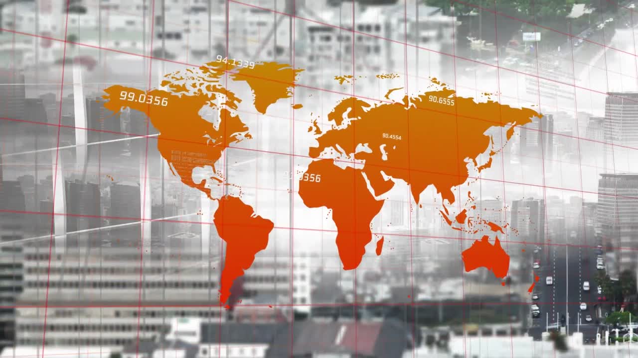 도시 풍경 위의 세계 지도와 함께 금융 및 비즈니스 데이터 처리의 애니메이션