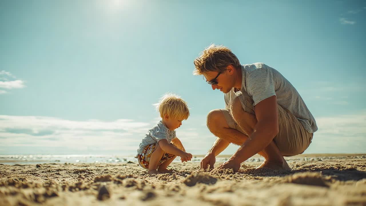 Far og søn nyder en solskinsdag med at bygge sandslotte på stranden
