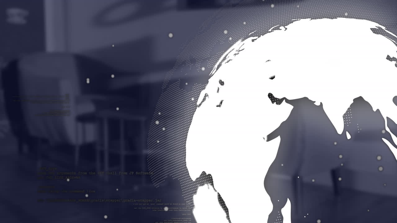 Animation of white particles, spinning globe and data processing against empty office