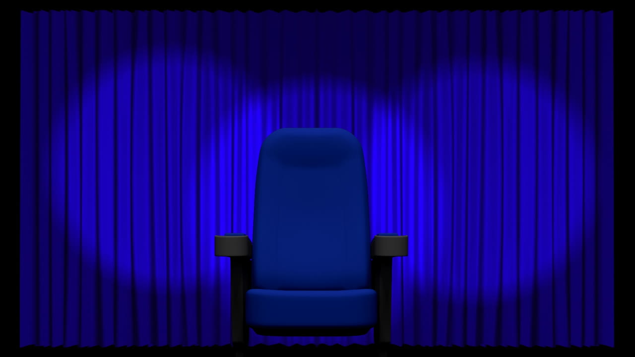 Animazione di luci e sedia sopra il sipario blu che si apre in teatro