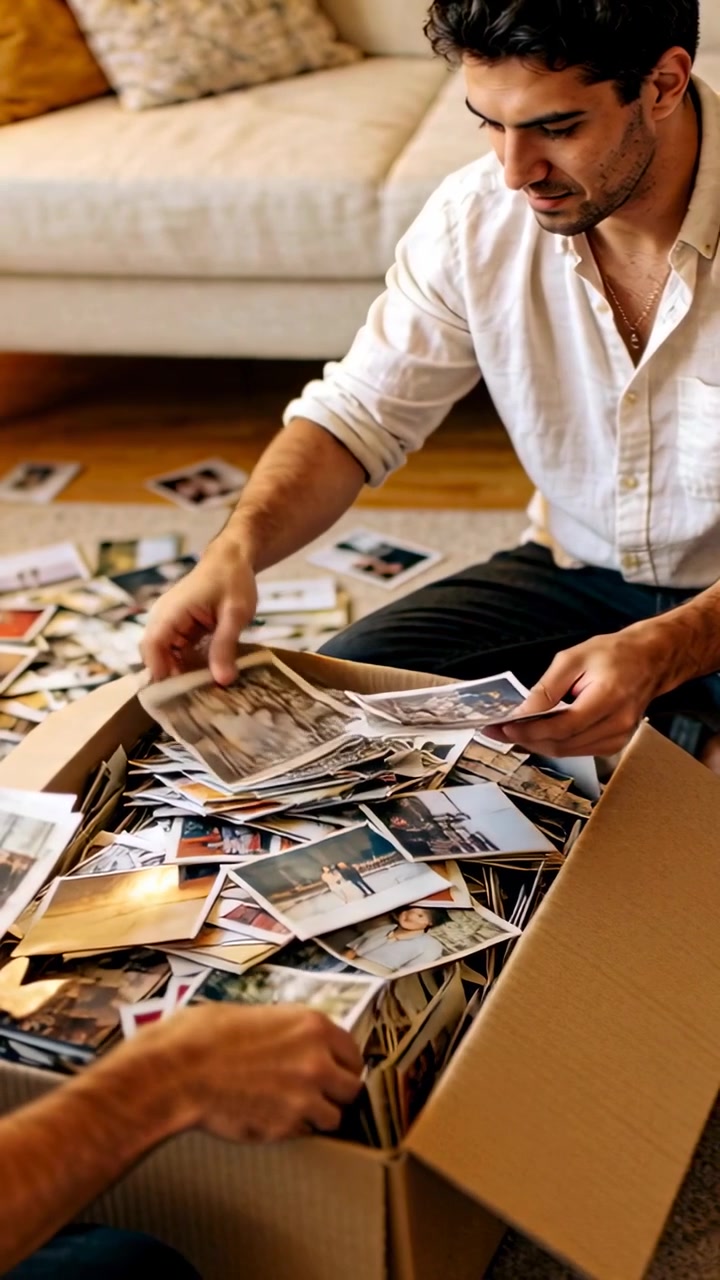 Vertical video: Opening box, man in white shirt sorting prints in living room, preserving memories