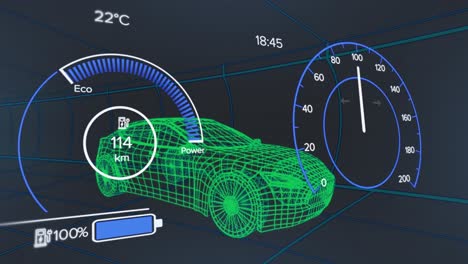 animación de procesamiento de datos sobre automóvil digital en fondo negro