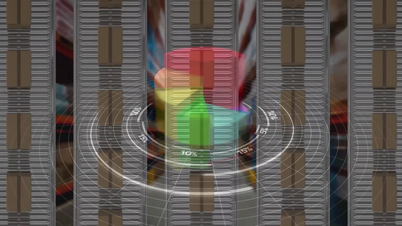 animación del procesamiento de estadísticas sobre cintas transportadoras con cajas