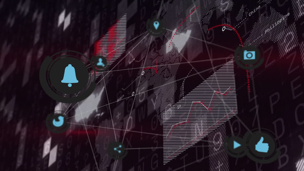 Digital notifications and data analytics animated over abstract geometric background