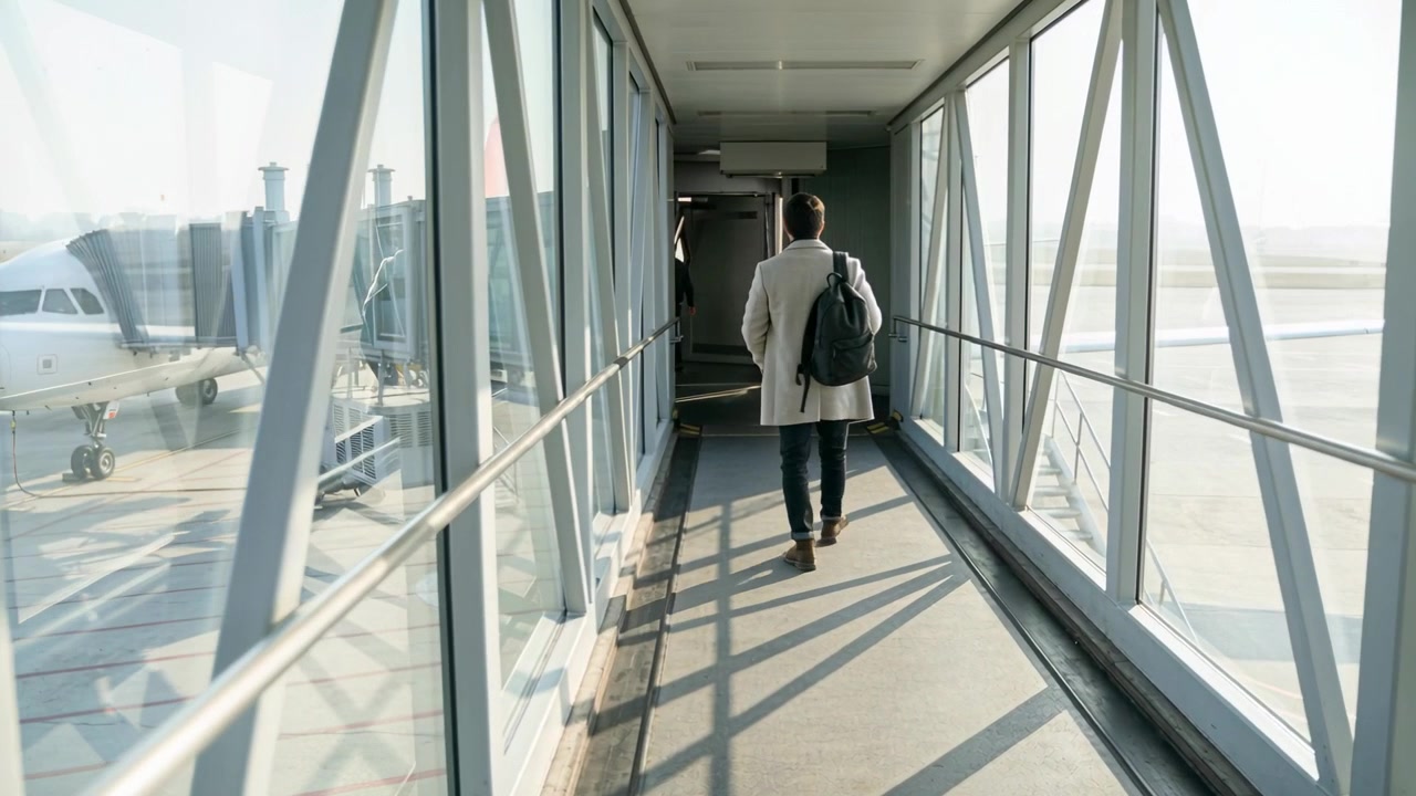 Viajante adulto do sexo masculino caminhando com casaco leve e mochila preta, seguindo pela ponte de embarque para o embarque.