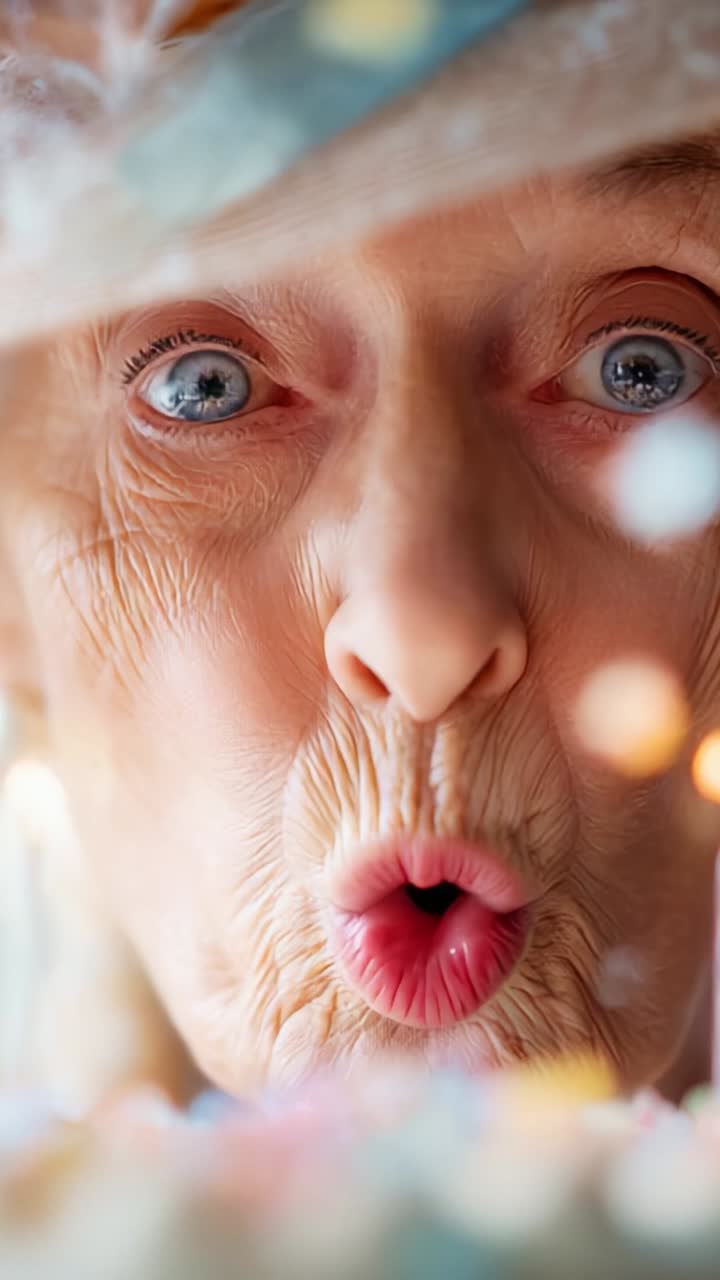 A Joyful Celebration: An Elderly Woman Delightfully Blows Candles on a Birthday Cake, Embodying the Spirit of Happiness and Togetherness in the Moment
