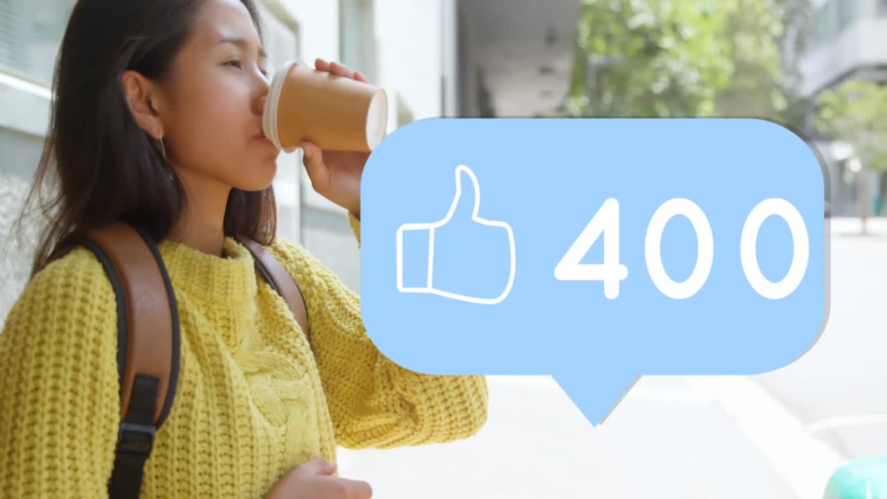 Animation of social media thumbs up icons and numbers over woman drinking coffee