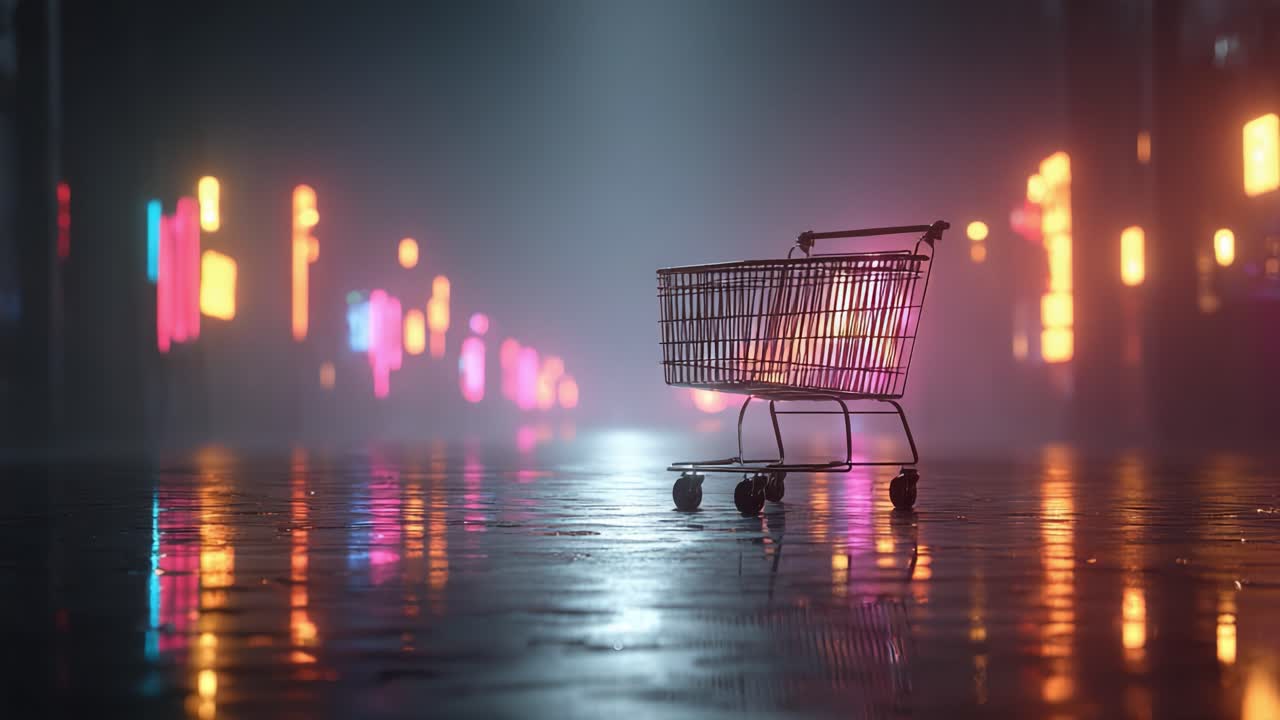 A solitary shopping cart glimmers in the night, illuminated by vibrant neon lights and a misty atmosphere, creating a surreal, almost cinematic urban experience