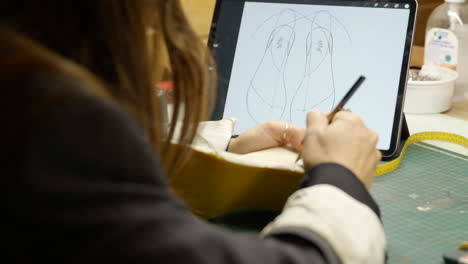 female craftsperson drawing creative design on shoe last crafted in artisan workshop