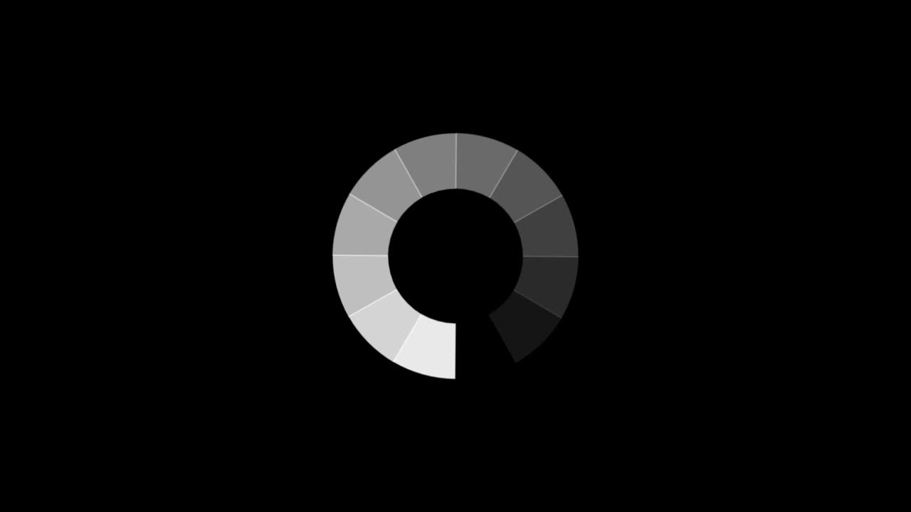 Animation of white bar icon that are arranged around each other in a circle on black background. Indicator for loading progress. Seamless looping. Video animated background.