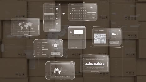 animation of data on screens over cardboard boxes