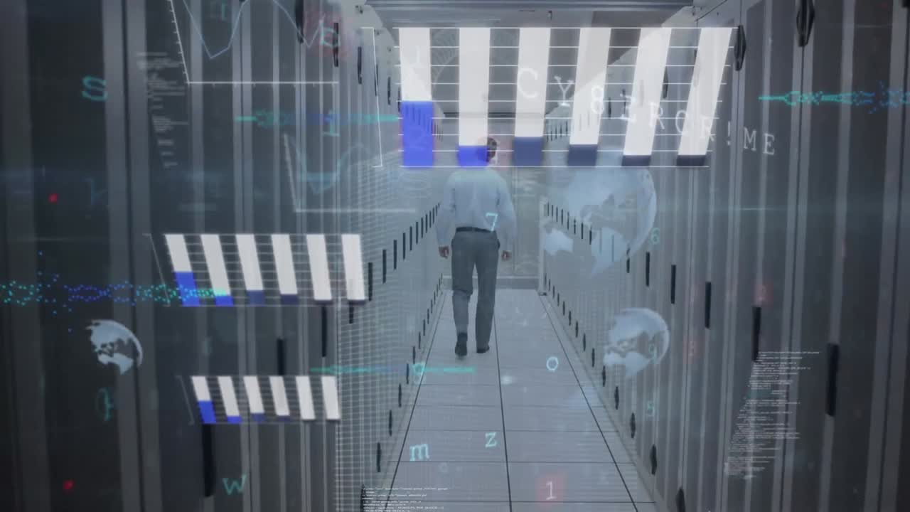 Animation of cyber security data processing over male engineer walking in computer server room