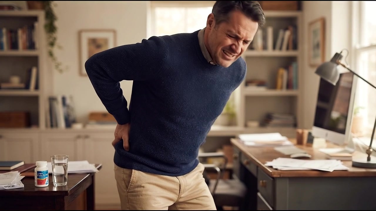 Corporate employee holding lower back pain while typing on laptop