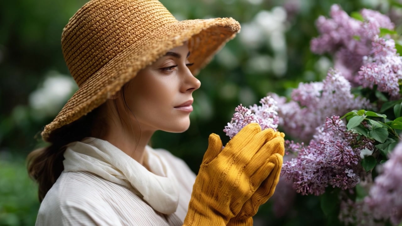 Un momento tranquillo nella natura: una donna con cappello e guanti che annusa delicatamente i fiori di lillà, catturando l'essenza della primavera e la bellezza floreale.