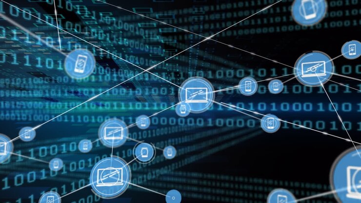Animation of network of connection with icons over black background with blue binary code