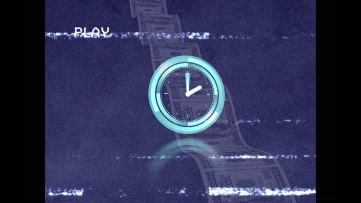 Animation of vhs glitch effect over neon ticking clock and us dollar bills against blue background