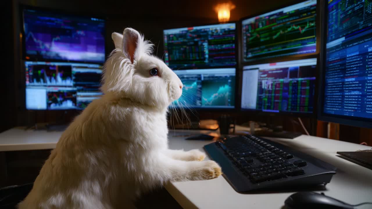 A White Rabbit Analyzing Market Trends from Multiple Monitors: The Intelligent Bunny Engaged in Data Analysis Surrounded by Advanced Trading Screens, Showcasing a Unique Blend of Animal Curiosity and Technology