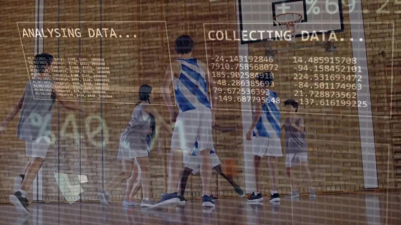 Youth players dribbling toward hoop on court, HUD analytics tracking motion for coaching updates
