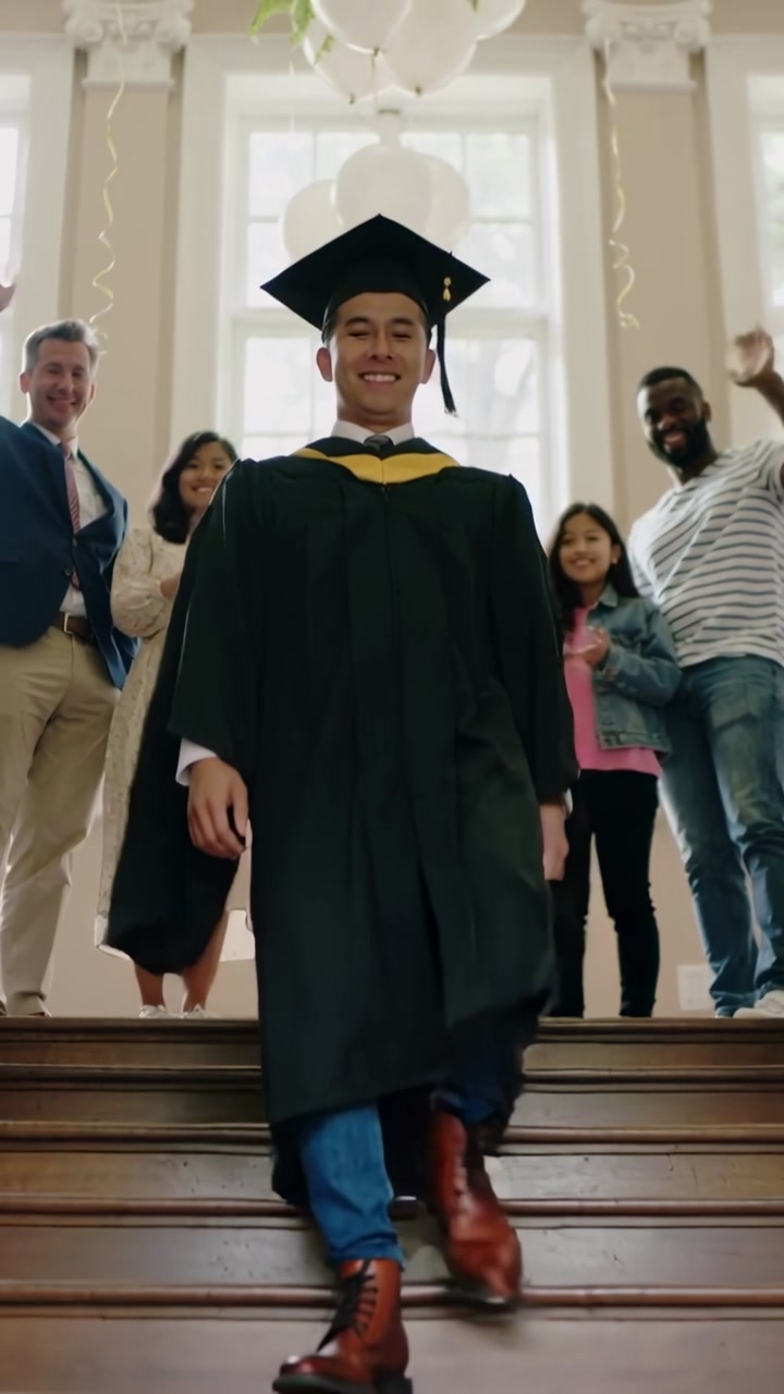 Vertical video: Starting descent male graduate walking down hall stairs in cap gown getting cheers