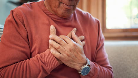 Heart-attack,-hands-and-senior-man-on-sofa