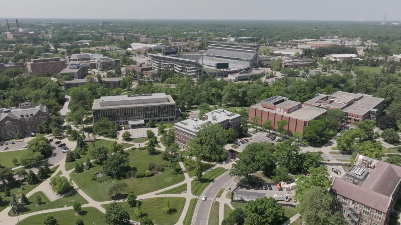 Michigan State University Aerial Drone Hannah Center moving right to left