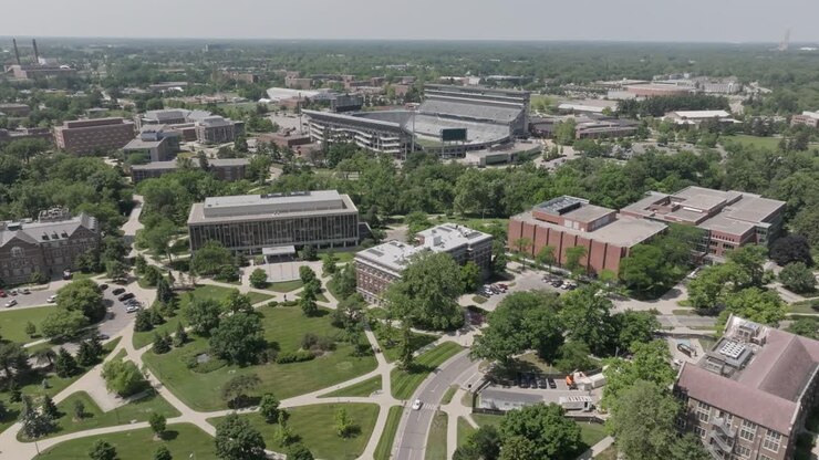 Michigan State University Aerial Drone Hannah Center moving right to left