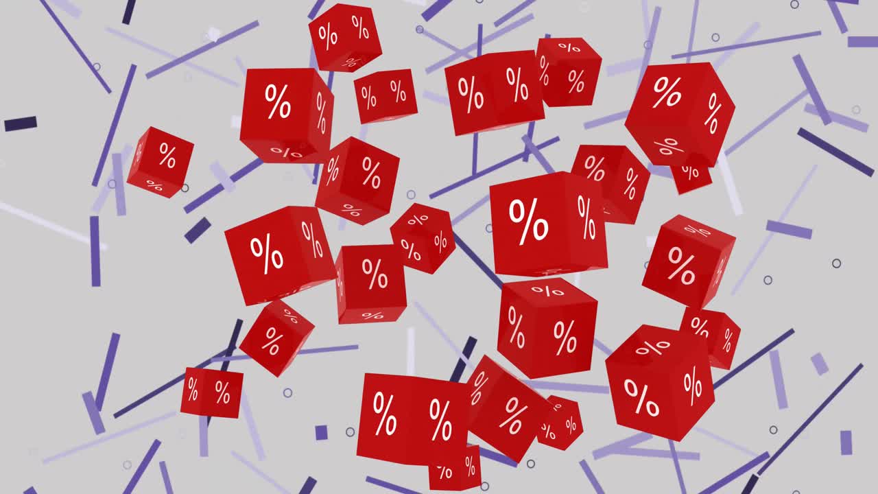 animación de símbolos de ventas porcentuales en cubos rojos flotando sobre rayas púrpuras en el fondo