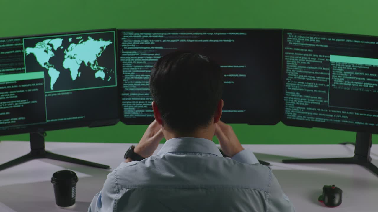 그린 스크린 스튜디오에서 여러 컴퓨터 화면으로 코드를 작성하는 동안 두통을 겪는 아시아인 개발자의 뒷면