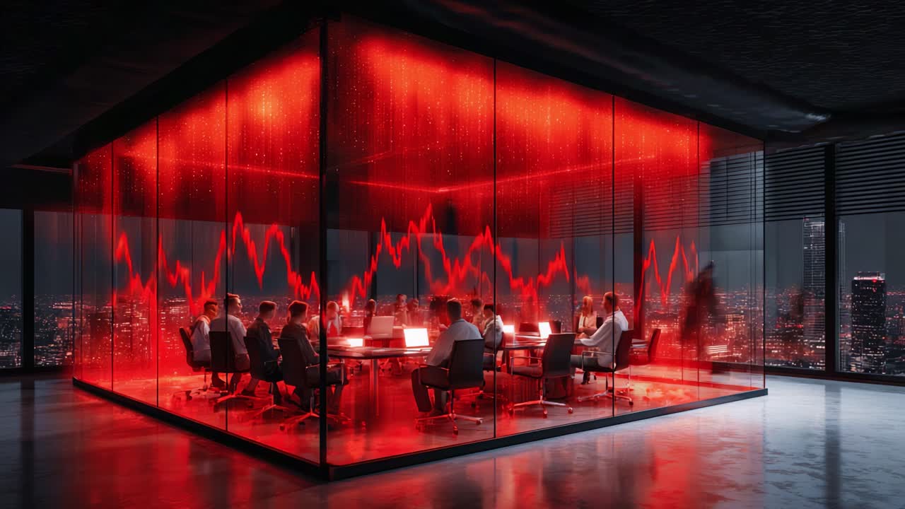 A high-stakes strategic meeting unfolds within a modern glass conference room, where analysts and decision-makers analyze market trends reflected in vibrant red data visualizations