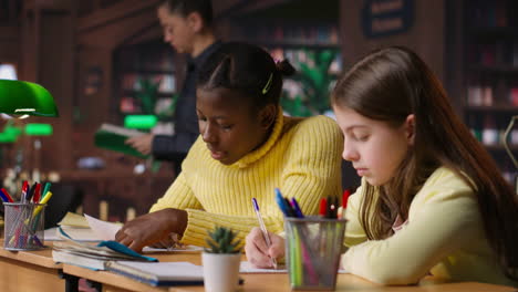 two girls studying together in a library