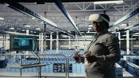 software developer in server room wearing vr goggles optimizing ai systems