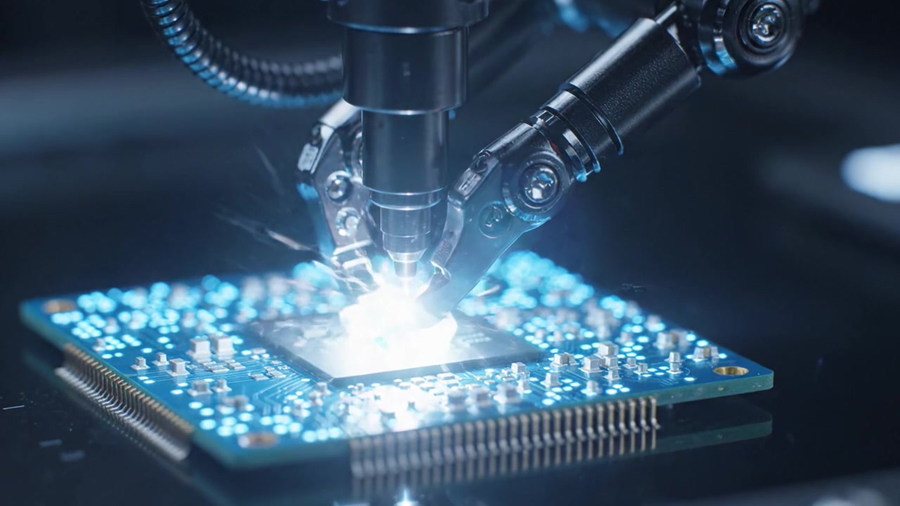 Advanced Robotic Arm Precisely Manipulating Components on a Circuit Board with Integrated Microchips and LED Lighting for Technological Enhancements