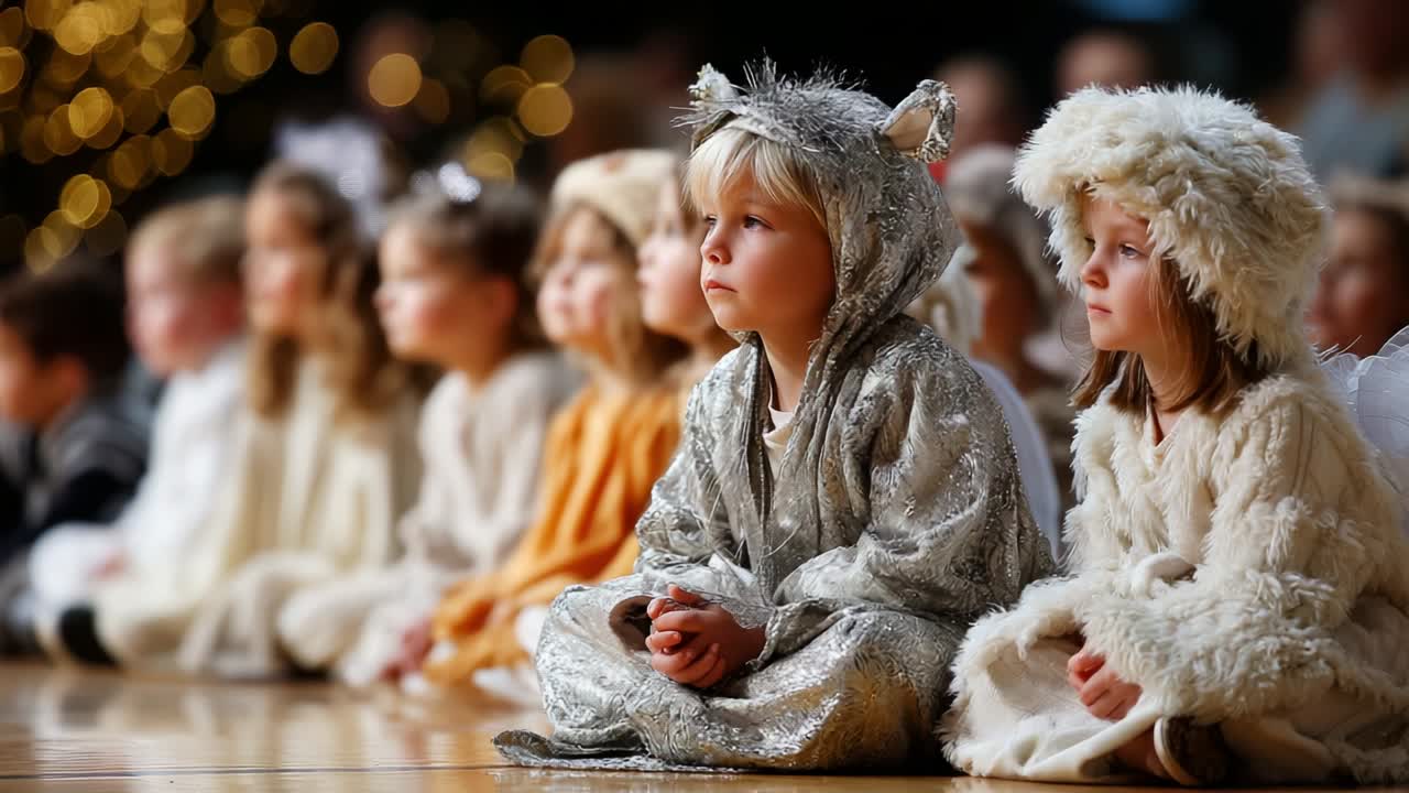 A Heartwarming Scene of Young Children Dressed in Adorable Costumes, Sitting Together on Stage with Enthusiasm, as They Prepare for a Delightful Performance Filled with Joy and Innocence