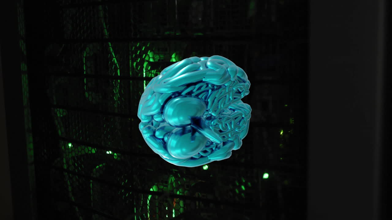 Blue brain model animation over dark background with green lights