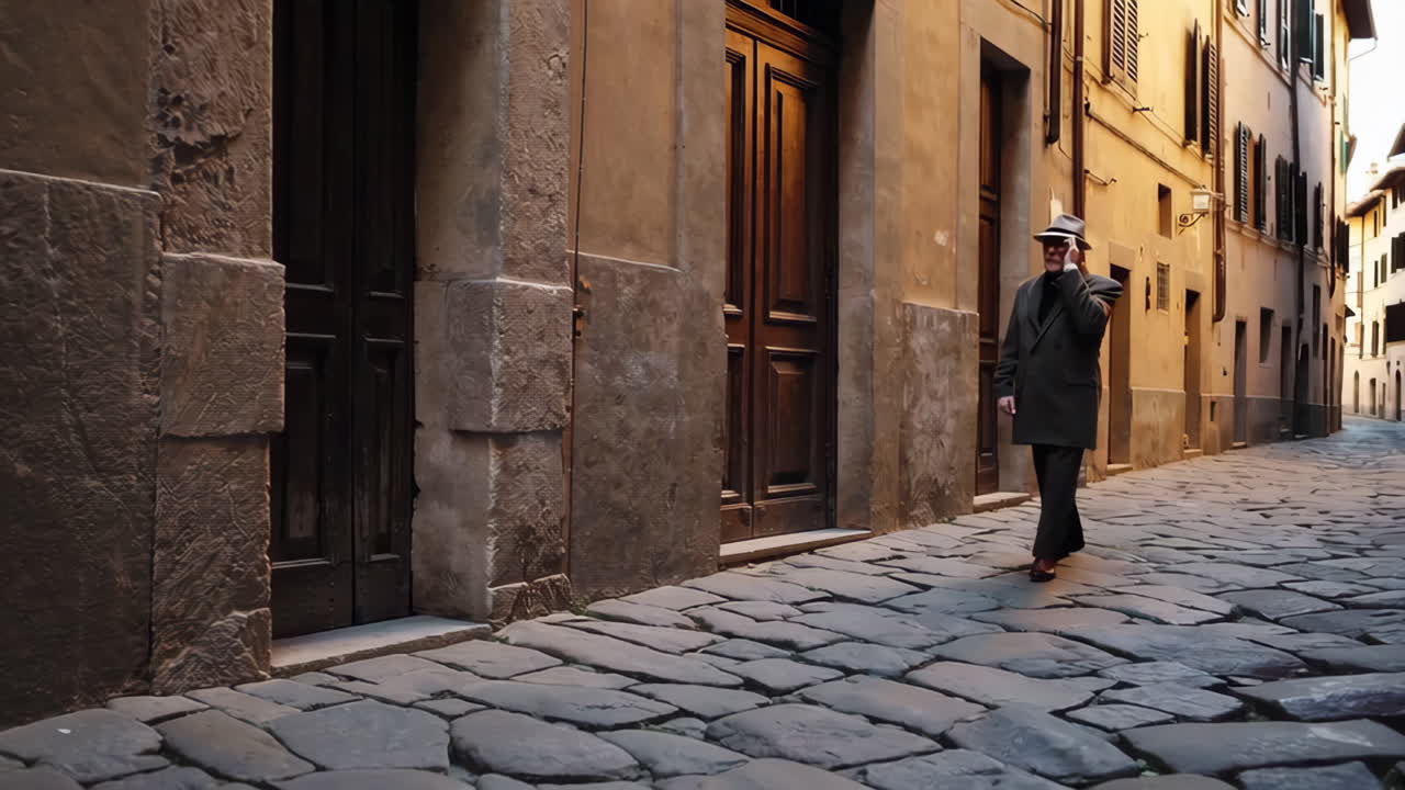 Man walking on a historic cobblestone street in an old European town