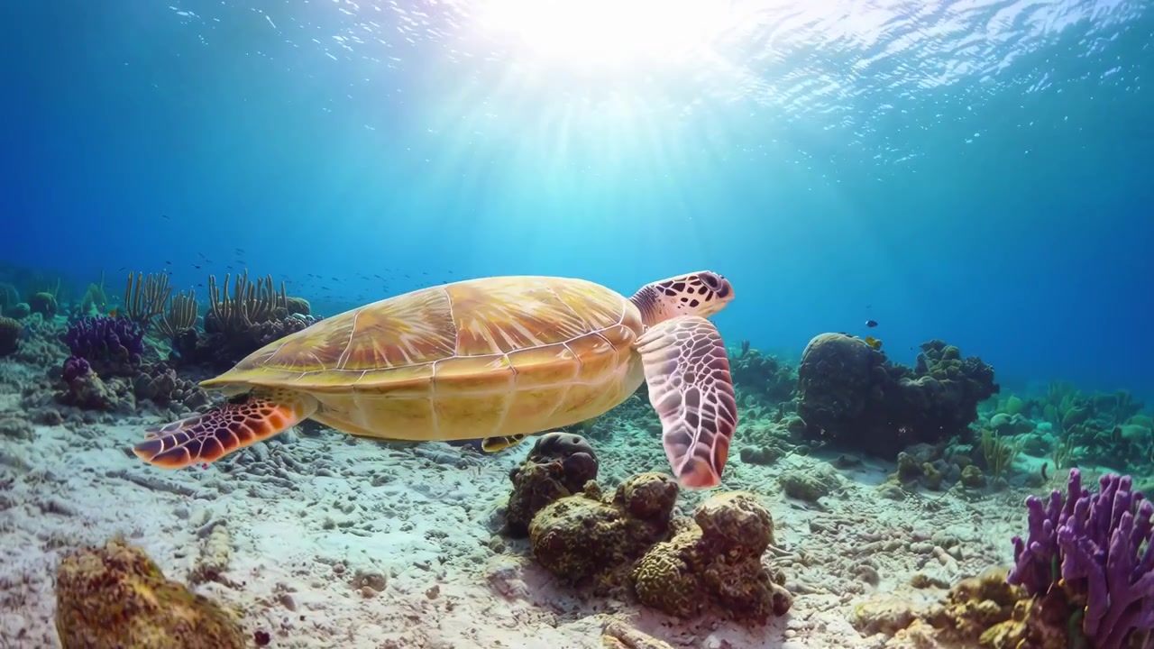 Green Sea Turtle Swimming Over Coral Reef