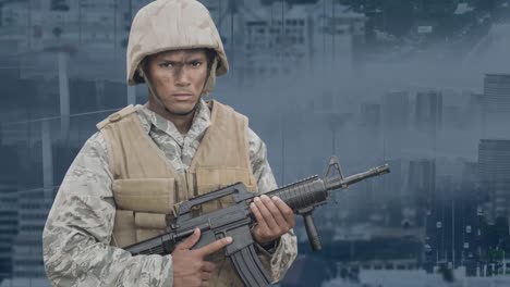 animation of caucasian male soldier with weapon over cityscape