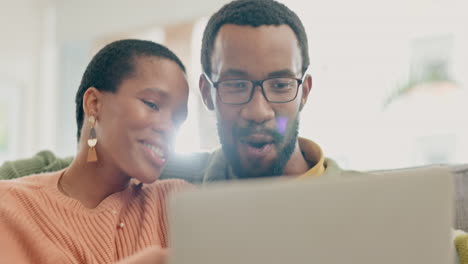 home, smile and black couple with a laptop