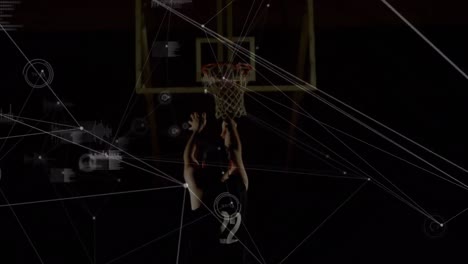 Animation-of-data-processing,-networks-of-connections-over-mixed-caucasian-basketball-player-at-gym