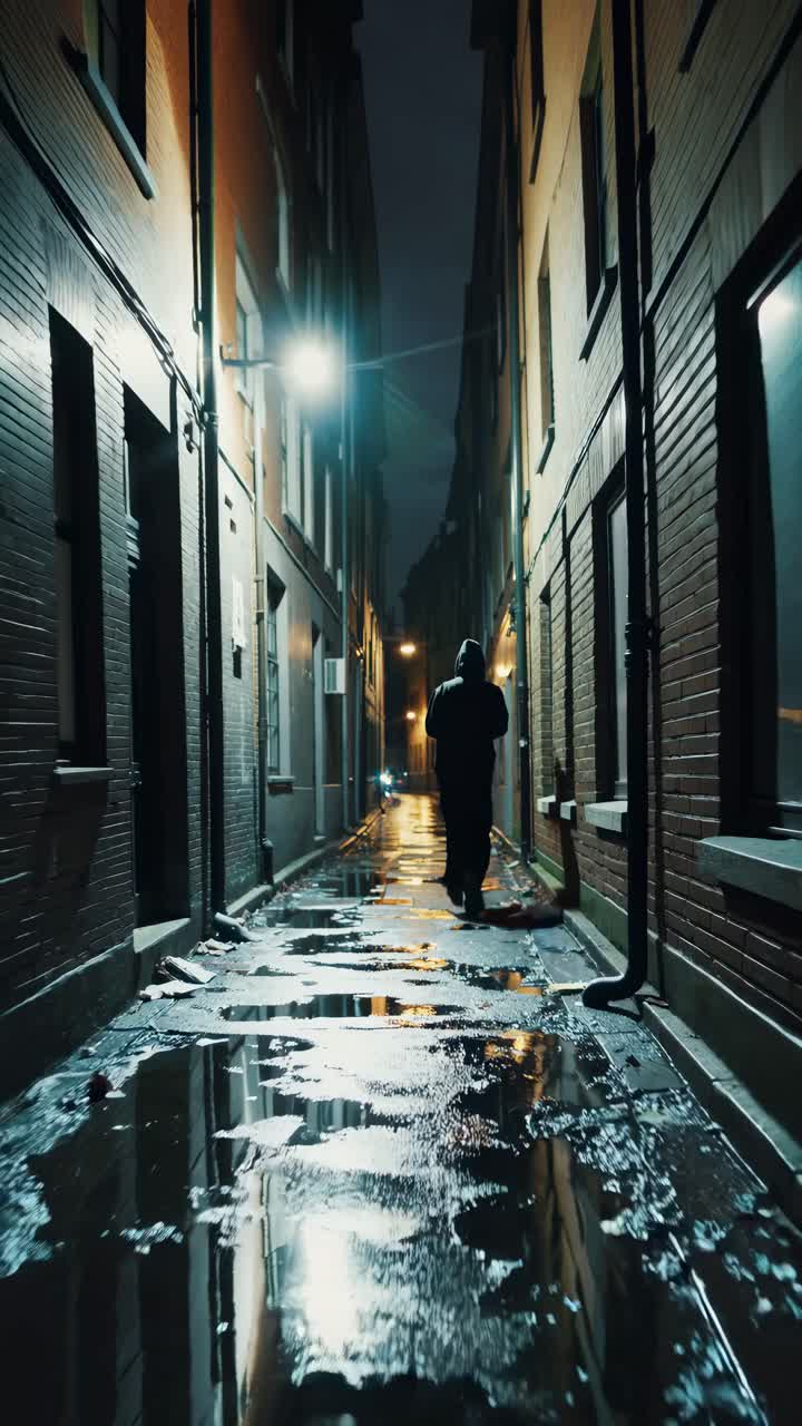 Moody urban alley at night, captured from a low angle